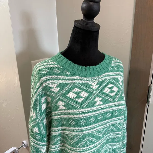 American Eagle Fair Isle Green‎ White Cropped Sweater Crewneck Pullover Winter M - Image 2