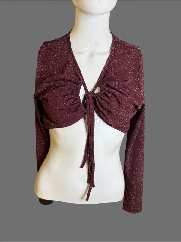 Savage X Fenty Sparkle Tie-Front Crop Top - Burgundy - Image 2