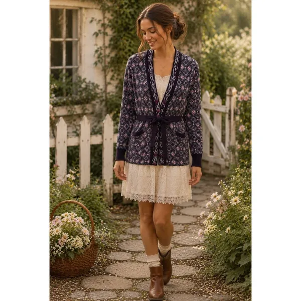 COSY WOOL‎ by Elson Purple Geometric Cardigan Sweater Belted Tie Waist Size 38 - Image 4