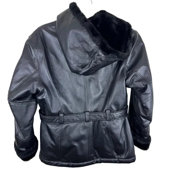 PELLE Black Genuine Leather Hooded Belted Faux Fur Lined Full Zip Jacket‎ Size L - Image 3