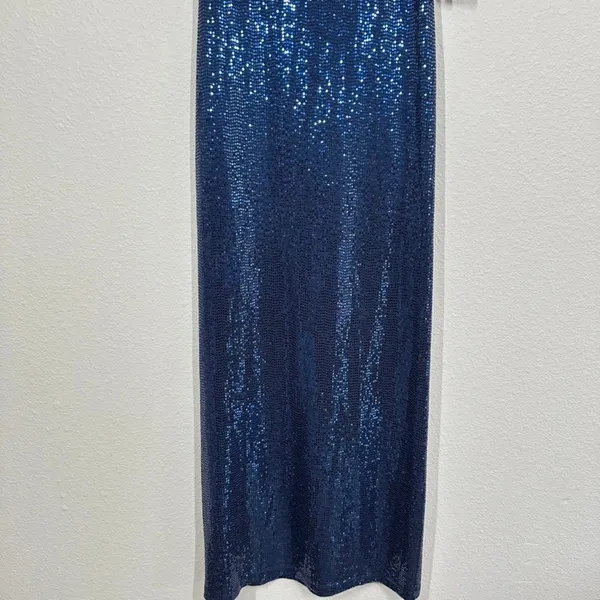 Bebe Women's Size Small Navy Blue Sequin Scoop Neck Maxi Dress Side Slit Party - Image 3