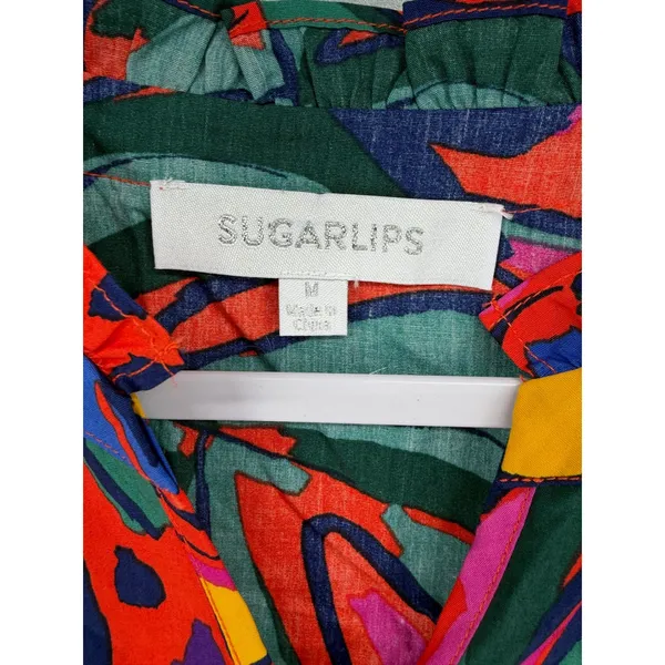 Sugarlips Womens Blouse Tropical Floral Ruffle Neck‎ Smocked Cuff Medium - Image 4