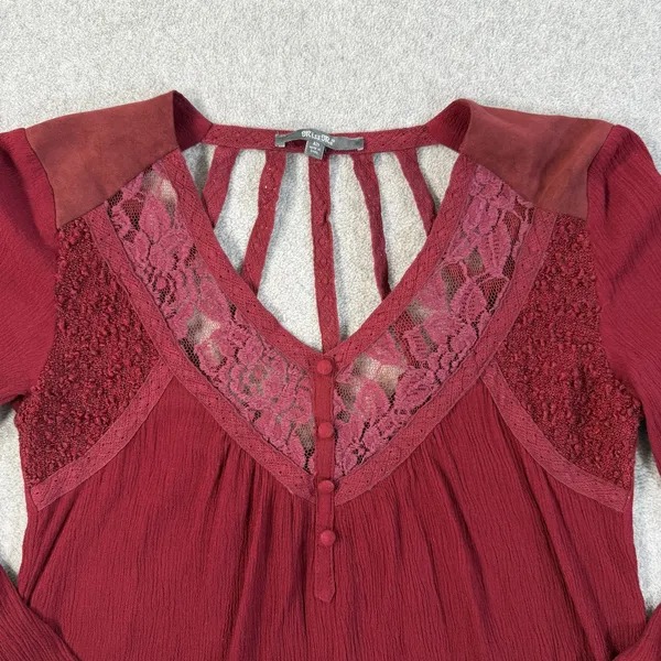Miss Me Women's XS Burgundy Cut Out Lace V-Neck Blouse Roll Tab Long Sleeve - Image 6