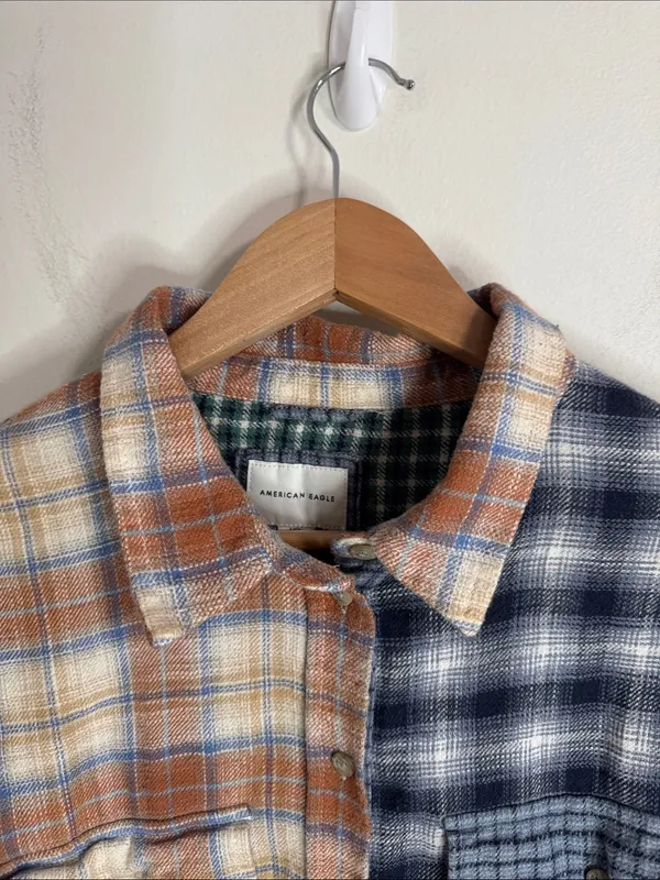 American Eagle Fall Plaid Patchwork Ragged Eclectic Grandpa Flannel Shirt sz L - Image 5