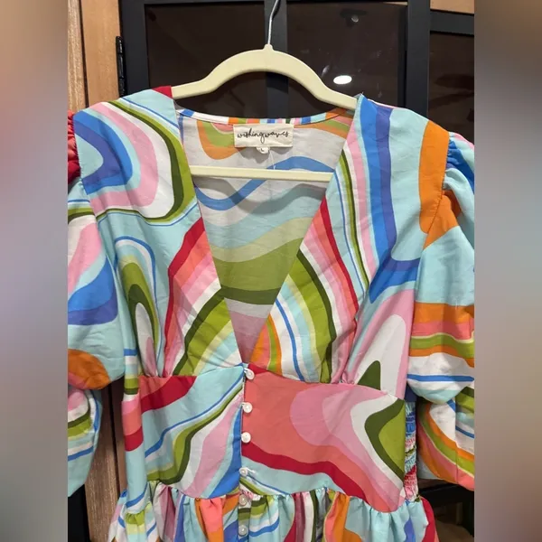 Red Dress Boutique Colorful maxi midi dress puff sleeve vneck button down swirl print - Image 9
