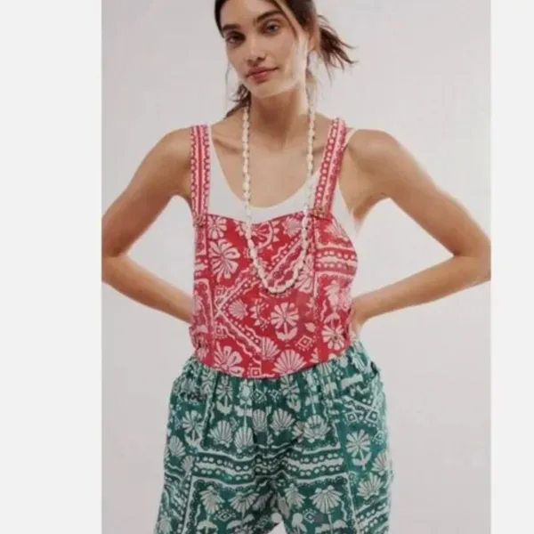 NEW Free People Women's Red Palm Bay Printed Shortalls Medium - Image 2