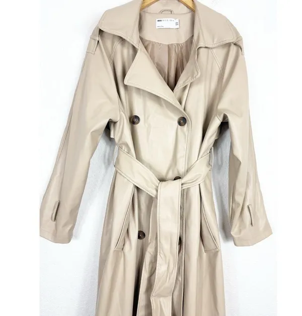 ASOS DESIGN Tan Faux Leather Trench Coat Size 12 Long Preppy Chic Minimalist - Image 9
