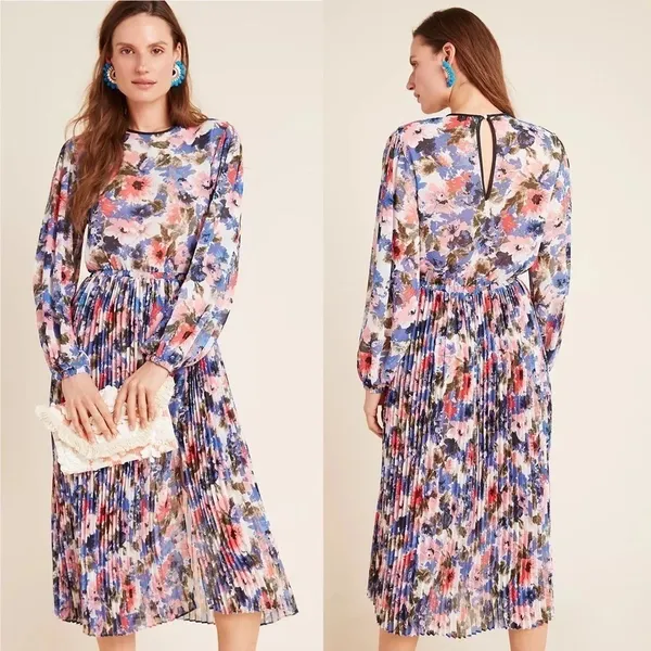 MISA LA Meadow Pleated Juliana‎ Midi Dress Long Sleeve Floral - Image 4