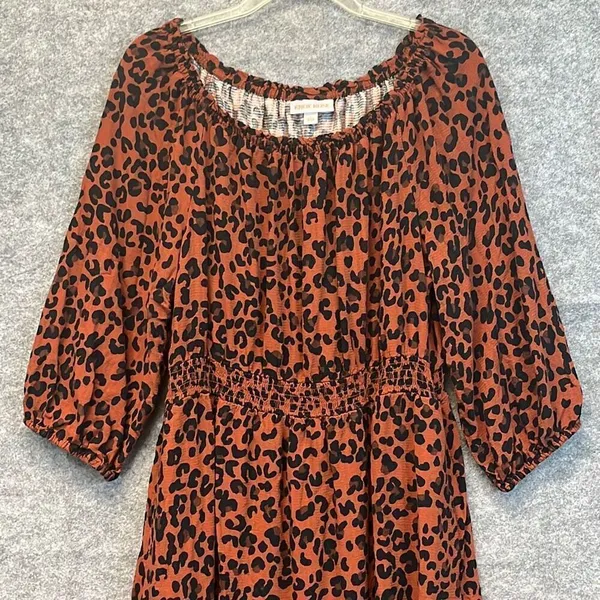 KNOX‎ ROSE Dress Size Large Smocked Elastic Waist Animal Print Rust Large Fall - Image 3
