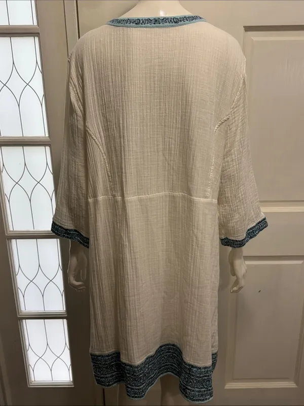 J Jill Gauzy Lined Ivory Dress XL Boho Drawstring Waist Blue Trim Pockets - Image 9