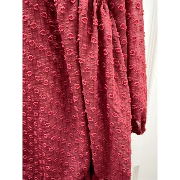 Arula Burgundy Swiss Dot Mini Dress Women L Wine V-Neck Balloon Sleeve Ruffle - Image 5