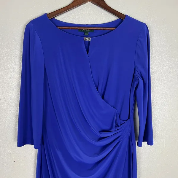 Lauren Ralph Lauren Dress 14 Purple‎ Faux Wrap Ruched Flattering Draped Classic - Image 2
