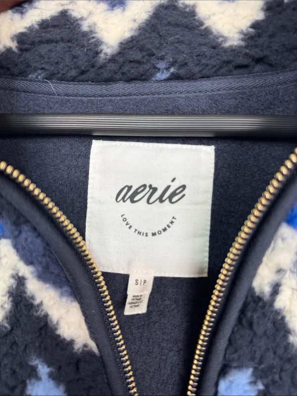 Aerie oversized Sherpa Fleece Quarter Zip Pullover Blue Fair Isle Sweater S - Image 3