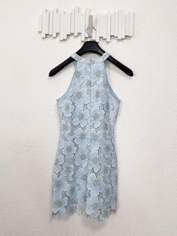 Arose Debbie Floral Lace Mini Dress Blue Sleeveless Sheath Cocktail Dress OS - Image 5