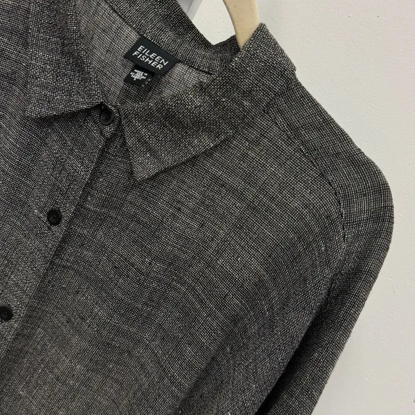 Eileen Fisher Italian Fabric Linen Blend Button Down Shirt Grey Lg Lagenlook - Image 3