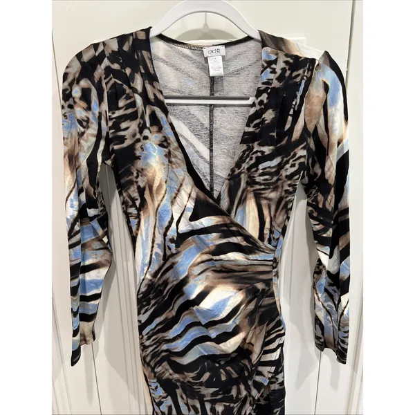 Vintage Cache Faux Wrap Dress Size Small Animal‎ Zebra Print Long Sleeve Stretch - Image 2
