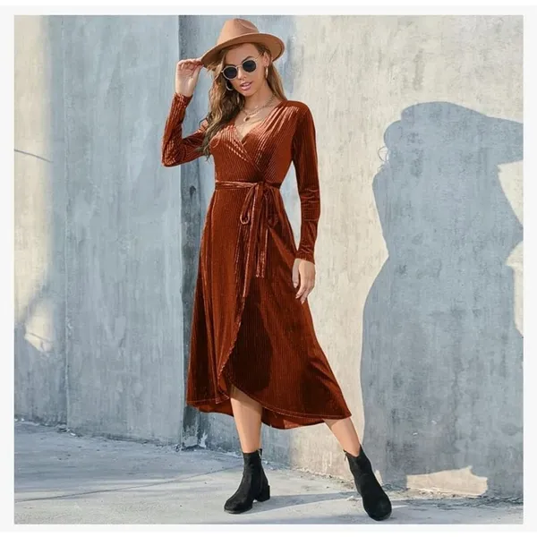 NEW Rust Ribbed Velvet Wrap Long Sleeve Belted Dress L - Image 5