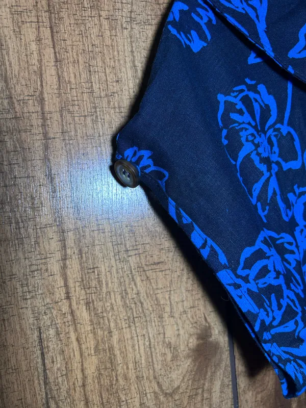 Free People 0 Blue Floral Linen Blend Button Front Tie Waist Dress Pockets - Image 4