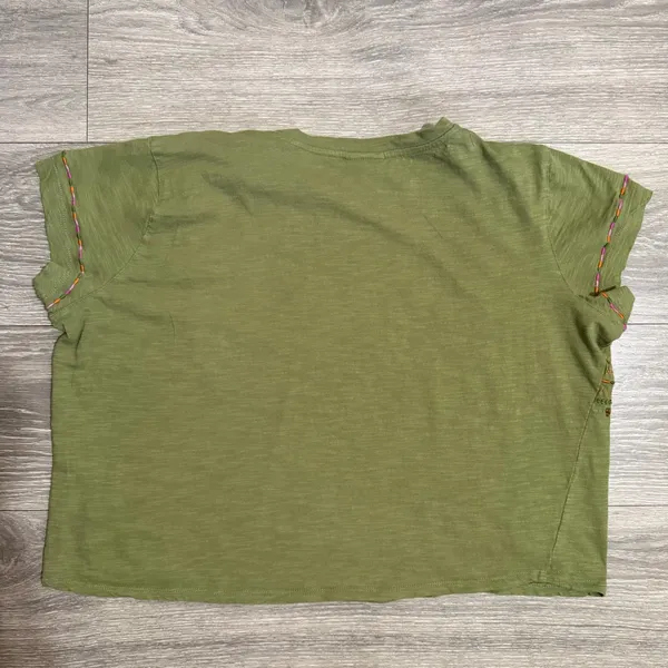 100% Cotton Women‎ Tee Size L Olive Green Embroidered Sequin Slub Crop Bohemian - Image 3