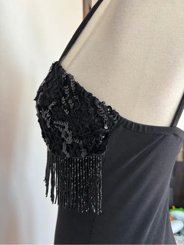 Vintage Black Beaded Fringe Mini Bodycon Dress - Image 7