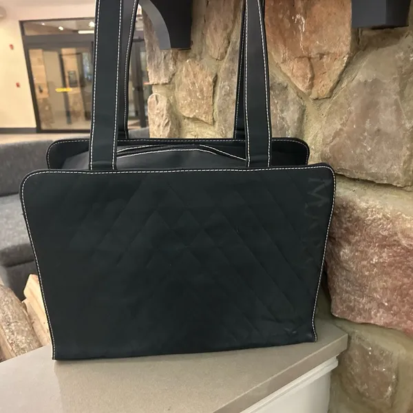 Mary Kay Black Textured Fabric Tote Bag with Wide Base-like new - Image 3