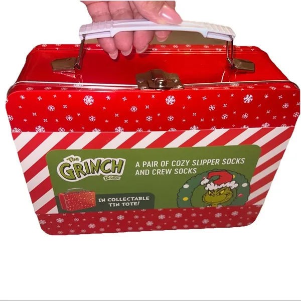 Dr. Seuss Grinch Slipper &‎ Crew Socks Gift Set Tin Holiday NWT - Image 7