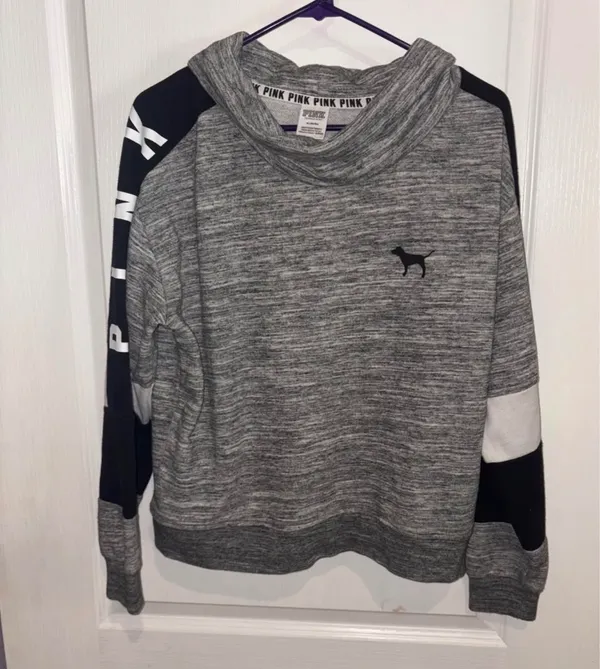 Victoria's Secret PINK gray, black, and white colorblock cowl neck pullover sweatshirt - Medium - Image 2