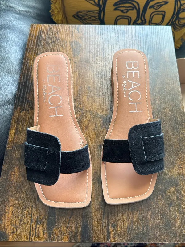 Matisse Beach Baja black brown suede leather wedge square toe slides sandals 8 - Image 4