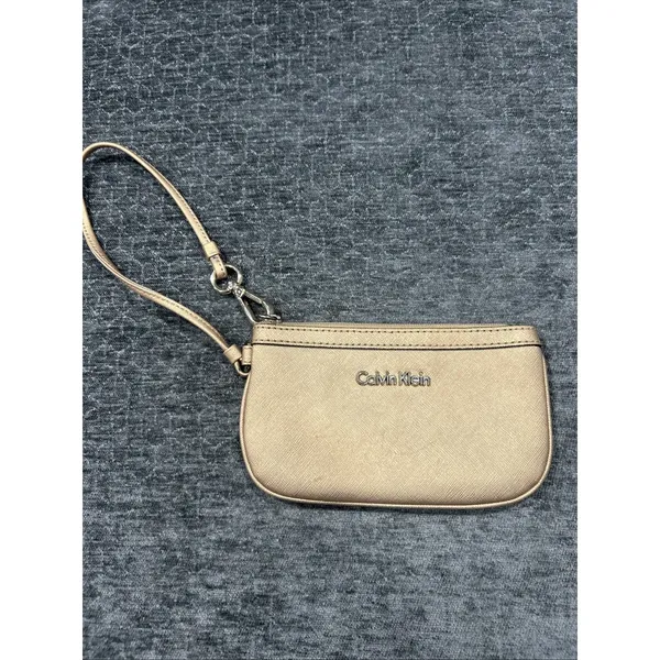 Calvin Klein Saffiano‎ Wristlet Gold Vegan Leather Zip Wallet Pouch Mini Bag - Image 8