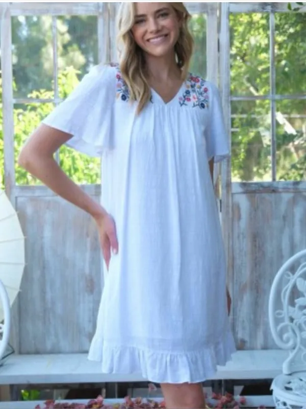 New!Cotton Lined White Gauze V-Neck Embroidered Floral Babydoll Dress Size 2X - Image 5