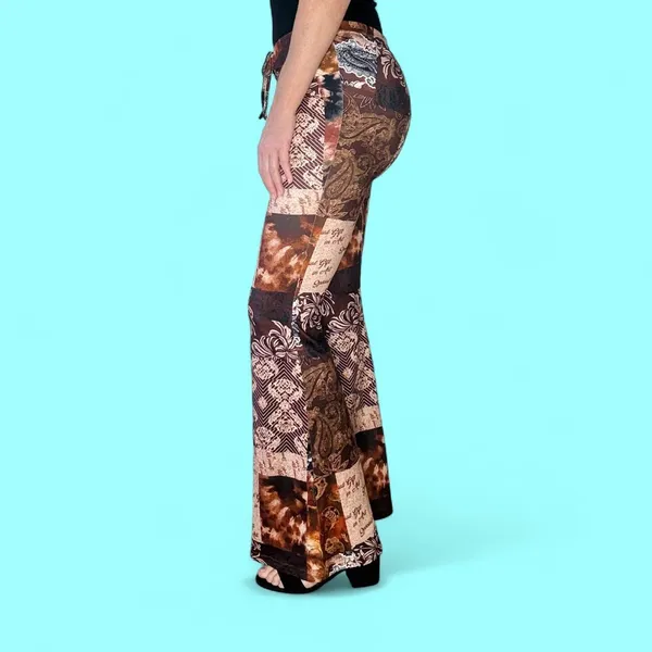 SHEIN Brown Tan Patchwork Hippie Flare Festival Pants - Image 3