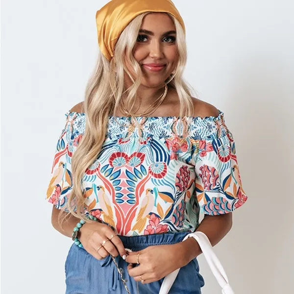 Flying Tomato Floral Bird Blouse L Multicolor Off Shoulder Boho Smocked Bold Top - Image 5