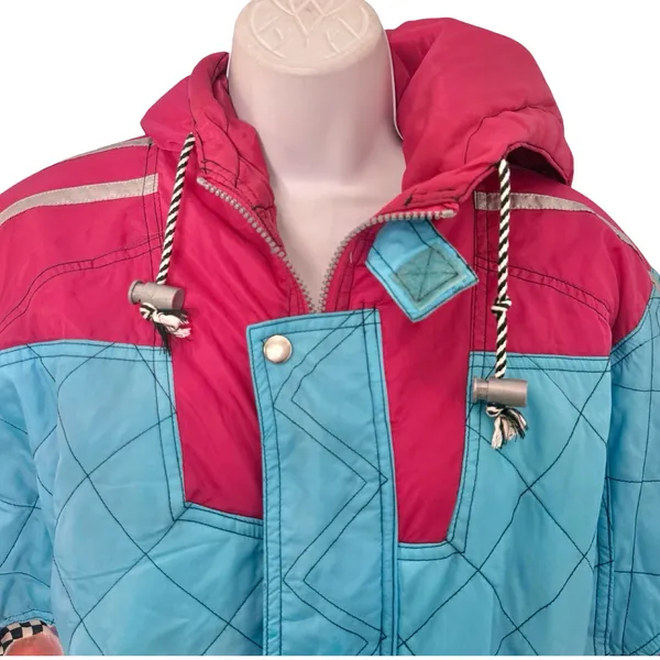 Vintage 90s Blue Pink Checkerboard Hooded Ski Suit One Piece Size S *GOOD* - Image 12