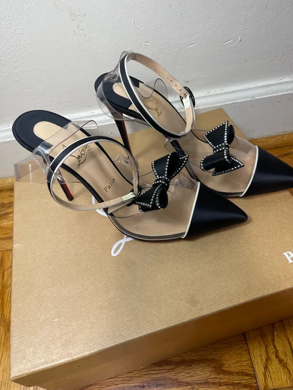 Christian Louboutin Black Naked Bow 100 Satin/Pvc/Patent Leather Pumps EU 41 - Image 3