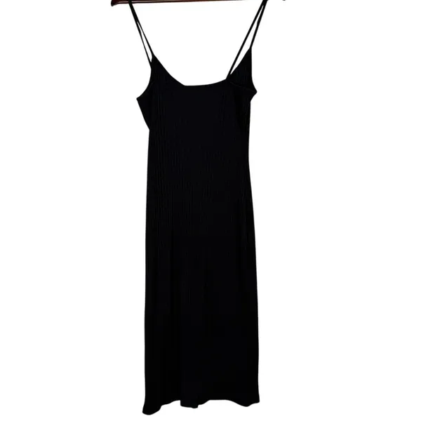 ZARA Ribbed Button Bodycon Midi Dress Strappy Stretch Slim Round Neck M Black - Image 12
