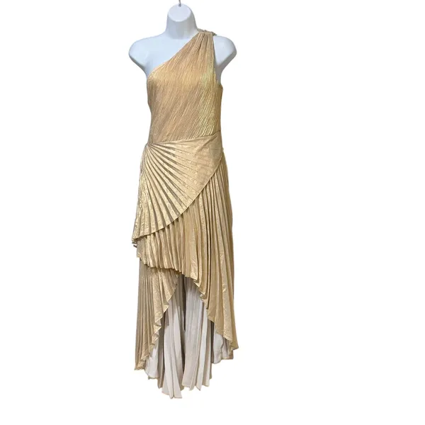 MOTF Premium Gold Metallic One Shoulder Pleated High-Low Formal Gown Size M - Image 3