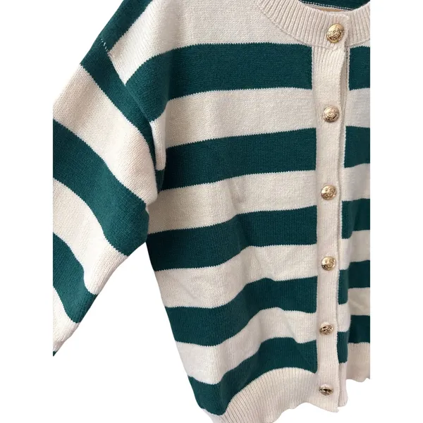 Long Sleeve Crew Neck Button Up Striped Sweater Cardigan Green White Size Large - Image 7