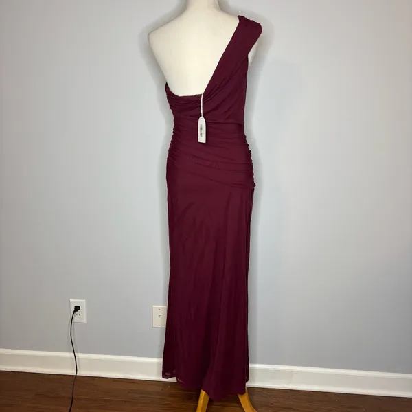 Fortunate One - Maroon Dahlia One Shoulder Mesh Maxi Dress - Image 5
