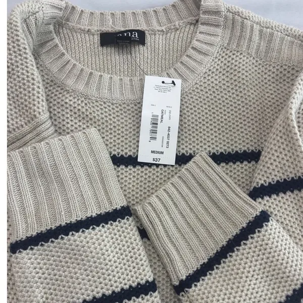 ANA A New Approach Striped Crew Neck Sweater Oatmeal Navy Blue Medium NWT‎ - Image 4