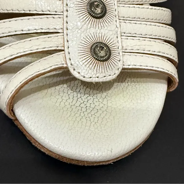 ESCADA Ivory White Leather Crystal Studded T-Strap Wedge Sandals Size 37 1/2 - Image 14