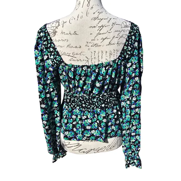 SO Goods For Life -579 Y2K Floral Smocked Peplum‎ Blouse Black Green Blue Large - Image 2