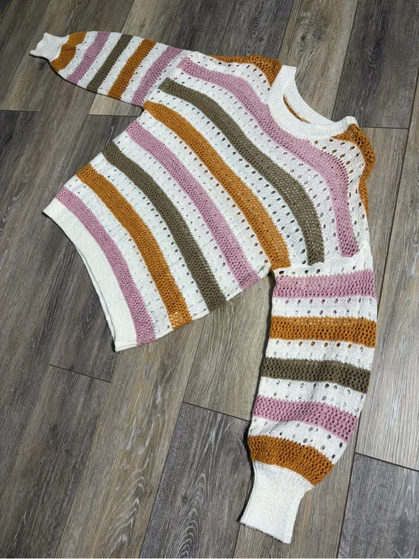 Striped Open-Knit Crewneck Boho Sweater Women’s Small - Image 5