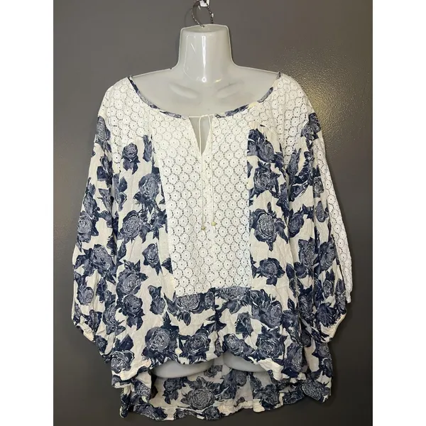 Free People Blouse Womens M White Scoop Neck 3/4 Balloon Sleeve Floral Tunic - Image 2