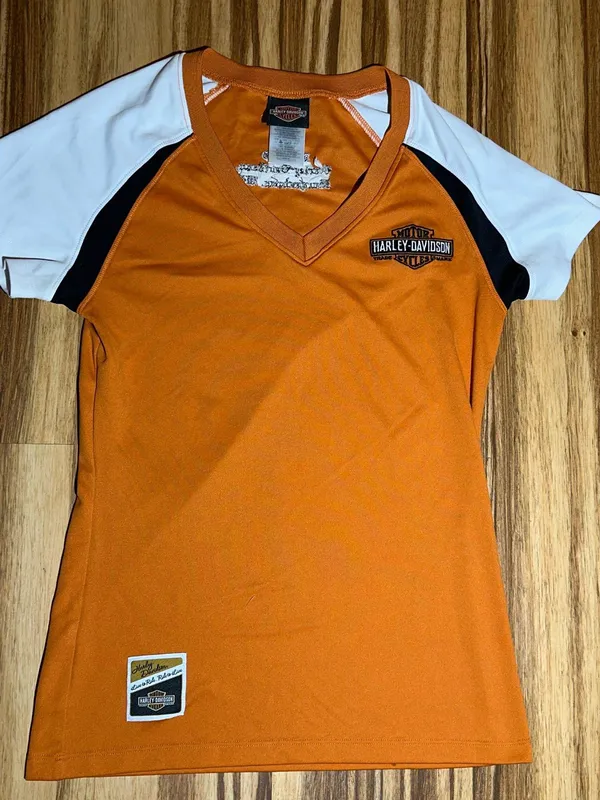 Harley-Davidson Morgantown WV Orange and White V-Neck Tee - Image 2