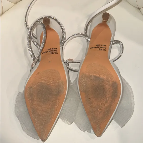 Lulu's White Satin Heels with Bow and Rhinestone Strap - Image 3