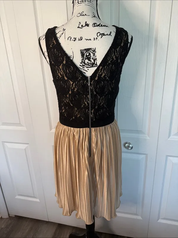 Rewind Black Lace Top with Gold Pleated Skirt Mini Dress - Image 3
