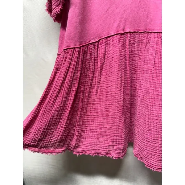 By Anthropologie Gauze‎ Tunic Mini Dress Sz S Pink Henley Oversized Boho Fringe - Image 5