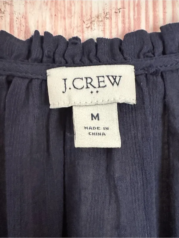 J. Crew Factory Navy Blue Swiss Dot Split Neck Ruffle Trim Blouse Size M - Image 7