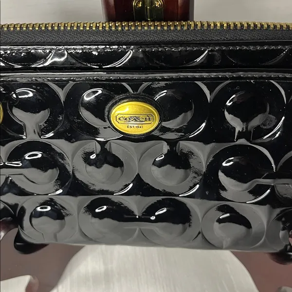 Coach Black Patent Leather Wristlet with Gold Accents - Image 2