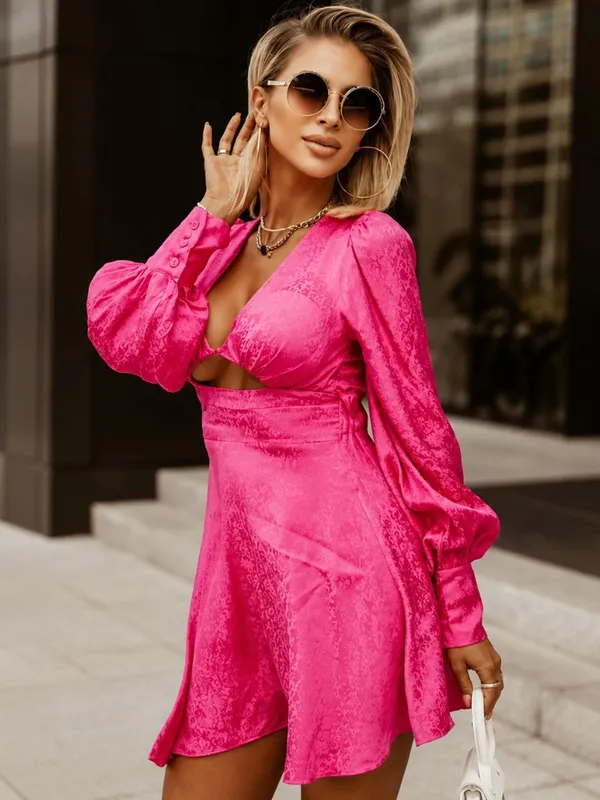 Pink Rose Leopard Cutout Mini Dress Puff Sleeve NWT - Image 4